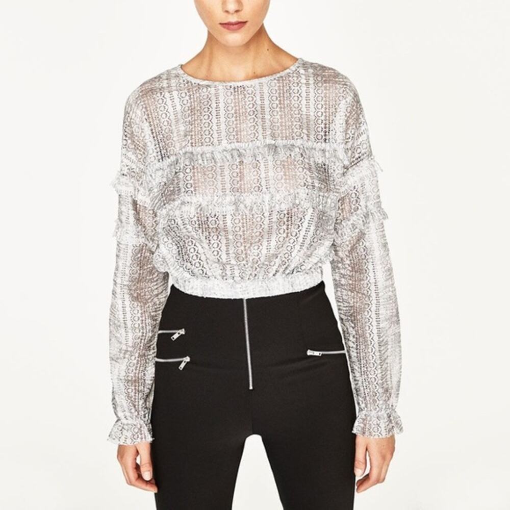 Zara Printed Lace Top with Frills Silver Gray White Small New